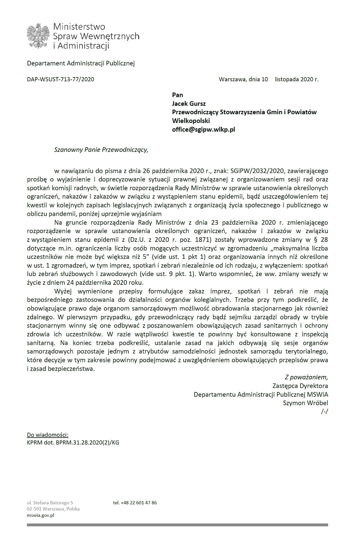 Odpowiedź MSWiA ws. organizacji sesji rad w czasie pandemii