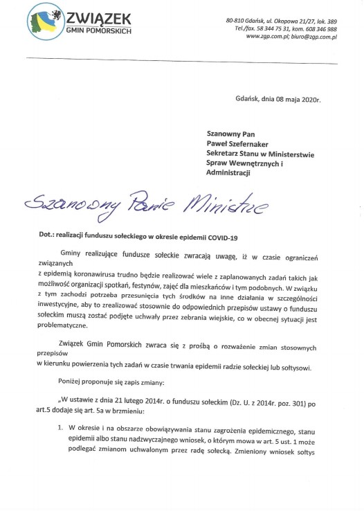 Pismo dot. realizacji funduszu sołeckiego