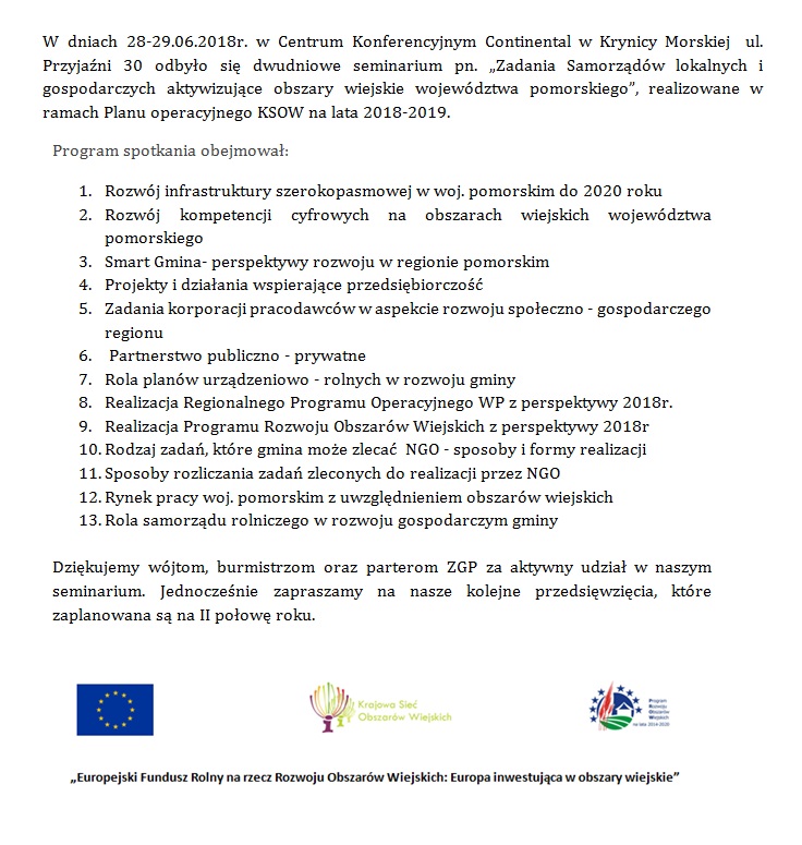 Dwudniowe seminarium pn. „Zadania Samorządów lokalnych i gospodarczych aktywizujące obszary wiejskie województwa pomorskiego”
