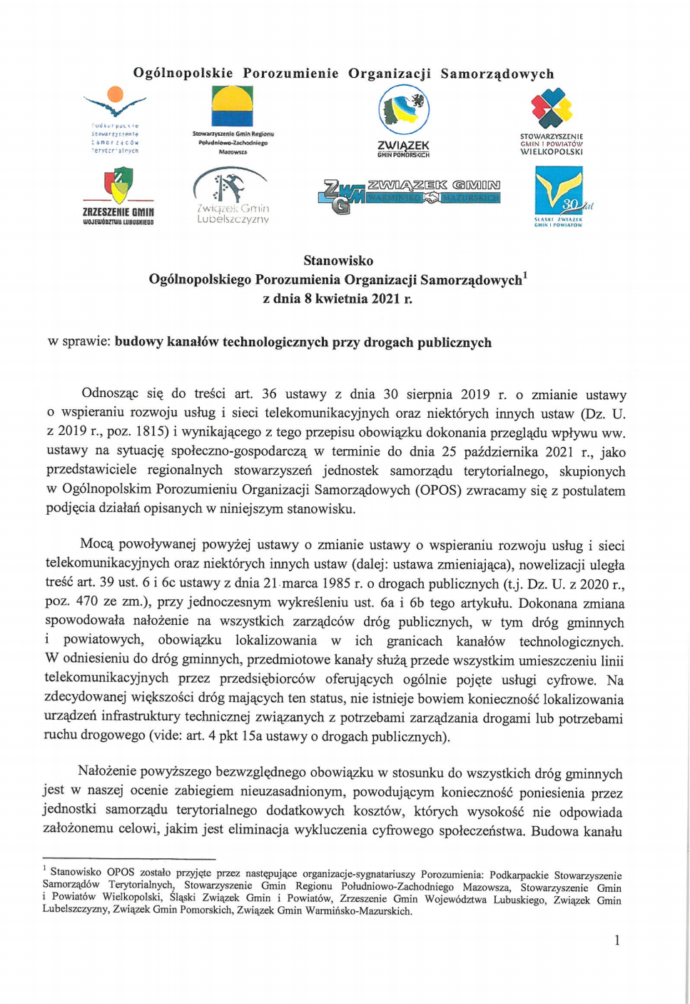 Stanowisko OPOS ws. budowy kanałów technologicznych przy drogach publicznych
