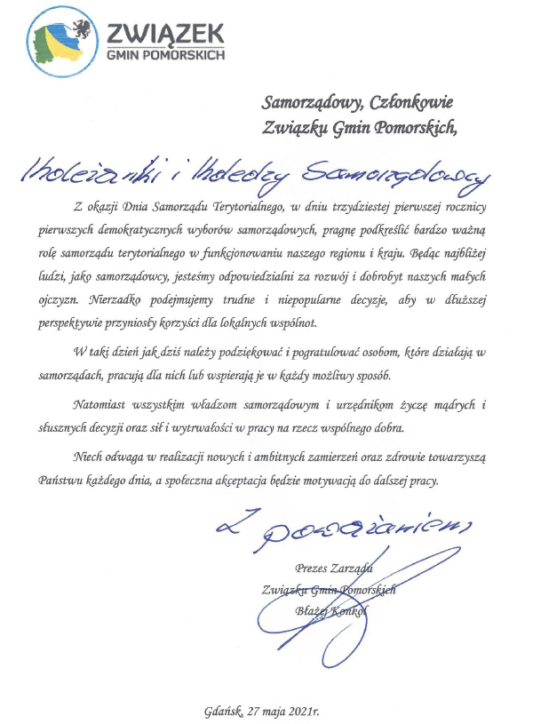 Życzenia z okazji 31-lecia Samorządu Terytorialnego