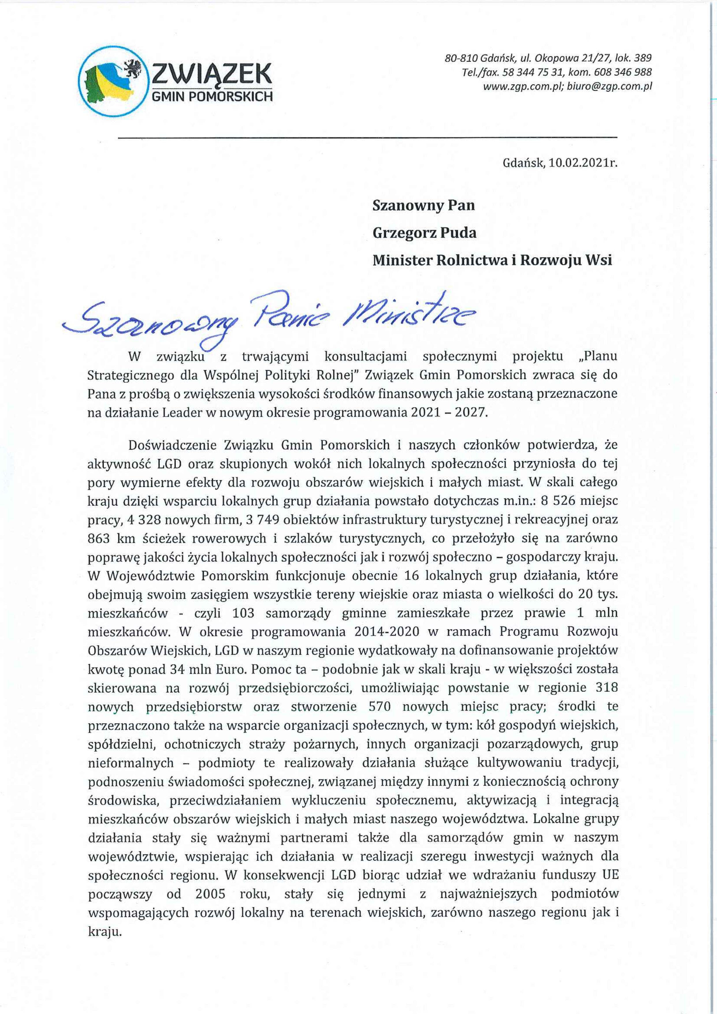 Pismo do Ministra Rolnictwa i Rozwoju Wsi