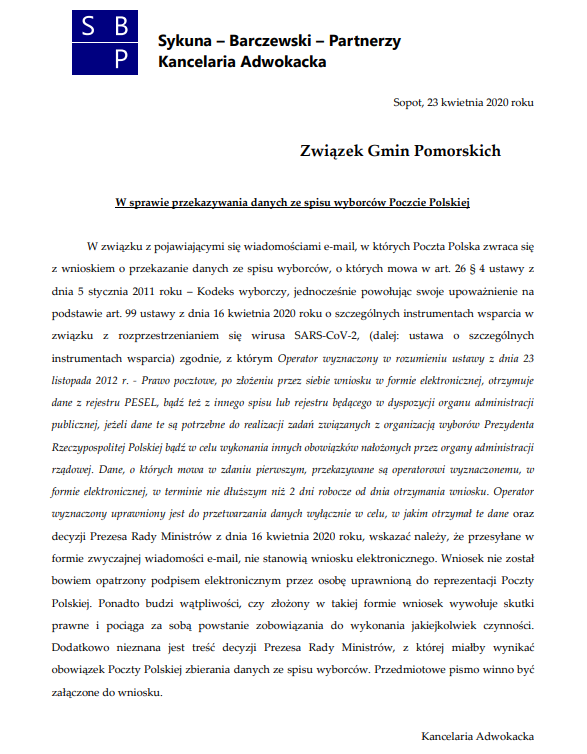 Opinie prawne dot. udostepnienia spisy wyborców przygotowane dla organizacji samorządowych