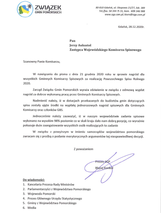 Pismo ws. nieprzyznania nagród gminnym komisarzom spisowym 