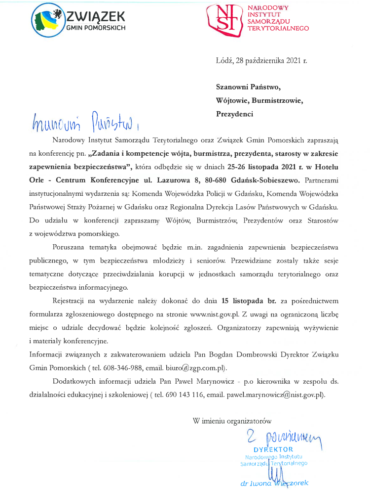 Zapraszamy na konferencje pt. „Zadania i kompetencje wójta, burmistrza, prezydenta, starosty w zakresie zapewnienia bezpieczeństwa”